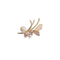 Plastic Pearl Brooch, Brass, with Shell & Plastic Pearl, Branch, gold color plated, micro pave cubic zirconia & for woman 