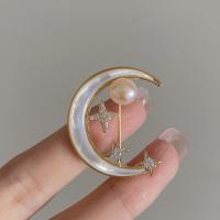 Freshwater Pearl Brooch, Brass, with Shell & Freshwater Pearl, Moon, gold color plated, micro pave cubic zirconia & for woman 