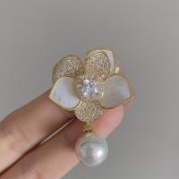 Plastic Pearl Brooch, Brass, with Shell & Plastic Pearl, Flower, gold color plated, micro pave cubic zirconia & for woman 