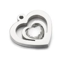 Stainless Steel Heart Pendants, 304 Stainless Steel, with Crystal, Unisex & hollow, original color, 16mm 