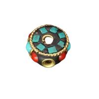Synthetische Türkis Perlen, Messing, mit Synthetische Türkis, flache Runde, goldfarben plattiert, DIY, gemischte Farben, 14x7mm, ca. 10PCs/Tasche, verkauft von Tasche