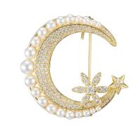 Cubic Zirconia Brooch, Brass, with Plastic Pearl, Moon, 14K gold plated, fashion jewelry & micro pave cubic zirconia & for woman, golden 