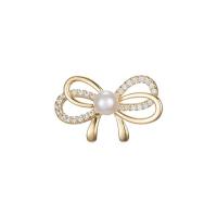 Cubic Zirconia Brooch, Brass, with Plastic Pearl, Bowknot, fashion jewelry & micro pave cubic zirconia & for woman, golden 