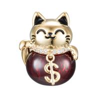 Cubic Zirconia Brooch, Brass, with Glass, Fortune Cat, fashion jewelry & micro pave cubic zirconia & for woman, golden 
