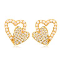 Zinc Alloy Rhinestone Stud Earring, with Plastic Pearl, Heart, gold color plated, fashion jewelry & for woman & with rhinestone & hollow 