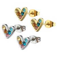 Stainless Steel Rhinestone Stud Earring, 304 Stainless Steel, Heart, Vacuum Ion Plating, for woman & with rhinestone 