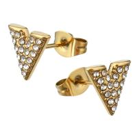 Stainless Steel Rhinestone Stud Earring, 304 Stainless Steel, Letter V, Vacuum Ion Plating, for woman & with rhinestone, golden 