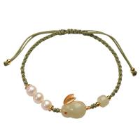 Jade Bracelets, Hetian Jade, with Knot Cord & pearl & Brass, Rabbit, gold color plated, Adjustable & for woman & with rhinestone Approx 18.5 cm 
