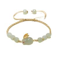 Jade Bracelets, Hetian Jade, with Knot Cord & Brass, Rabbit, gold color plated, Adjustable & for woman & with rhinestone, light green Approx 18.5 cm 