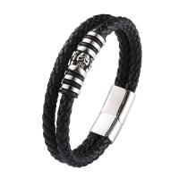 PU Leather Cord Bracelets, with 316L Stainless Steel, Skull, Double Layer & for man 12mm 