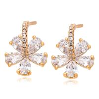 Zinc Alloy Stud Earring, Flower, gold color plated, fashion jewelry & micro pave cubic zirconia & for woman, golden 