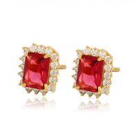 Zinc Alloy Rhinestone Stud Earring, Rectangle, gold color plated, vintage & for woman & with rhinestone, red 