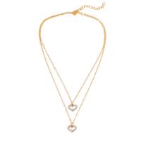 Zinc Alloy Necklace, with 2.36 inch extender chain, Heart, gold color plated, Double Layer & for woman & with rhinestone & hollow, 41cm,46cm 