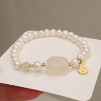 Cultured Freshwater Pearl Brass Bracelet, with Hetian Jade & Chalcedony & Brass, Rabbit, gold color plated, for woman, white, 6mm,5.8mm Approx 18.5 cm 