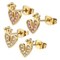 Stainless Steel Rhinestone Stud Earring, 304 Stainless Steel, Heart, Vacuum Ion Plating, for woman & with rhinestone 