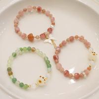 Gemstone Bracelets, Sunstone, with Cats Eye & Green Agate & Shell & Plastic Pearl & Brass, gold color plated & for woman Approx 18.5 cm 