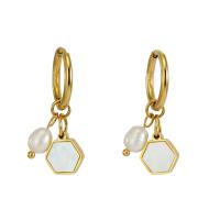 Titanium Steel Earrings, with Plastic Pearl, 18K gold plated, fashion jewelry & for woman, golden, 31mm 