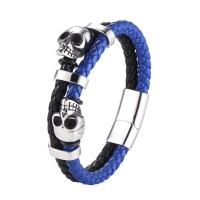 PU Leather Cord Bracelets, Microfiber PU, with 316 Stainless Steel, Skull, Double Layer & for man 12mm 
