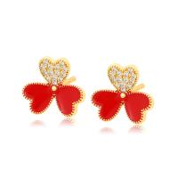 Zinc Alloy Rhinestone Stud Earring, Three Leaf Clover, gold color plated, fashion jewelry & for woman & with rhinestone 