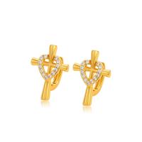 Zinc Alloy Huggie Hoop Earring, Cross, gold color plated, fashion jewelry & for woman & with rhinestone, golden 