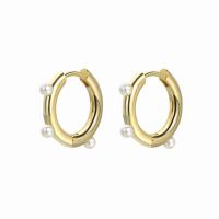 Brass Huggie Hoop Earring, with Plastic Pearl, Donut, plated, for woman 21mm 