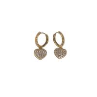 Brass Drop Earring, Heart, gold color plated, for woman & with rhinestone, golden, 30mm 