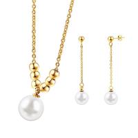 Titanium Steel Jewelry Set, Stud Earring & necklace, with Plastic Pearl, with 1.97inch extender chain, 2 pieces & fashion jewelry & for woman 58*12mm Approx 17.72 Inch 