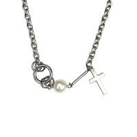 Titanium Steel Jewelry Necklace, with Plastic Pearl, Cross, fashion jewelry & for woman, original color Approx 40 cm 
