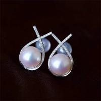 Freshwater Pearl Brass Earring, with Brass, for woman & with rhinestone, white, 8-8.5mm 