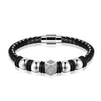 Cowhide Bracelets, Leather, with 316L Stainless Steel, fashion jewelry & micro pave cubic zirconia & for man Approx 7.87 Inch 