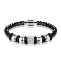 Cowhide Bracelets, Leather, with 316L Stainless Steel, fashion jewelry & Unisex & micro pave cubic zirconia Approx 7.87 Inch 