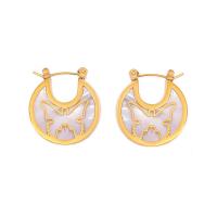 Stainless Steel Leverback Earring, 304 Stainless Steel, with White Shell, Round, 18K gold plated, fashion jewelry & for woman & hollow 