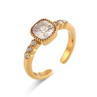 Cubic Zirconia anillo de dedo de acero inoxidable, acero inoxidable 304, con cúbica circonia, Cuadrado, Recubrimiento iónico al vacío, para mujer, dorado, 7.1mm, tamaño:7, Vendido por UD