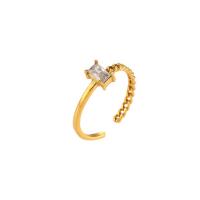 Cubic Zirconia anillo de dedo de acero inoxidable, acero inoxidable 304, con cúbica circonia, Cuadrado, Recubrimiento iónico al vacío, para mujer, dorado, 6.2mm, tamaño:7, Vendido por UD