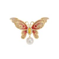 Enamel Brooch, Brass, with Plastic Pearl, Butterfly, micro pave cubic zirconia & for woman 