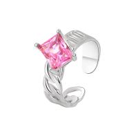 Zirkonia Messing Finger Ring, mit kubischer Zirkonia, Quadrat, Platinfarbe platiniert, Einstellbar & Modeschmuck & für Frau, Rosa, 5.7mm, Größe:6.5, verkauft von PC