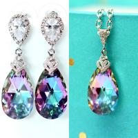 Crystal Drop Earring, Brass, earring & necklace, with Crystal, Teardrop, platinum plated, 2 pieces & for woman & with rhinestone Approx 40 cm 