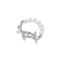 Rhinestone Zinc Alloy Finger Ring, with Glass Rhinestone & Plastic Pearl, silver color plated, fashion jewelry & for woman, 2.5*1cm 