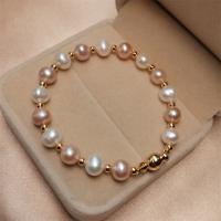 bracelet en laiton de perle d'eau douce cultivée, avec laiton, Placage de couleur d'or, bijoux de mode & pour femme, 6-7mm Environ 7.5 pouce, Vendu par PC