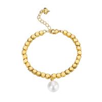 Brass Bracelets, with Plastic Pearl, Round, plated, for woman Approx 16-19 cm 