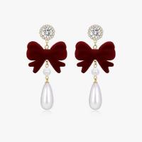 Plastic Pearl Zinc Alloy Earring, with Flocking Fabric & Plastic Pearl, Bowknot, plated, for woman & with rhinestone 