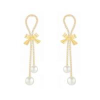 Fashion Fringe Earrings, Rhinestone, with Plastic Pearl & Brass, Bowknot, gold color plated, fashion jewelry & for woman, 60mm 