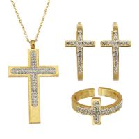 Rhinestone stainless steel Jewelry Set, 316 Stainless Steel, finger ring & earring & necklace, Cross, Vacuum Plating, three pieces & fashion jewelry & for woman & with rhinestone, golden, US Ring .5 .5 Inch 
