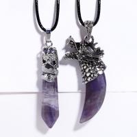 Quartz Necklace, Amethyst, with leather cord & Brass, with 5cm extender chain, silver color plated & for woman Approx 43 cm 