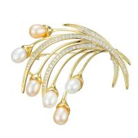 Freshwater Pearl Brooch, Brass, with Freshwater Pearl, Wheat, fashion jewelry & micro pave cubic zirconia & for woman, golden 