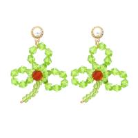 Glass Zinc Alloy Earring, Glass Beads, with Plastic Pearl & Zinc Alloy, Three Leaf Clover, gold color plated, fashion jewelry & for woman, green 