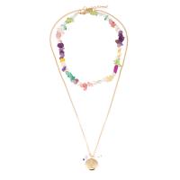 Fashion Multi Layer Necklace, Zinc Alloy, with Natural Gravel & Plastic Pearl, Flat Round, gold color plated, Double Layer & fashion jewelry & for woman cm 