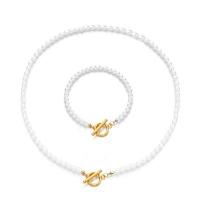 304 Stainless Steel Bracelet and Necklace, with Plastic Pearl, Vacuum Plating, 2 pieces & for woman 