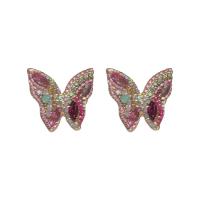 Zinc Alloy Rhinestone Stud Earring, Butterfly, fashion jewelry & for woman & with rhinestone, pink 