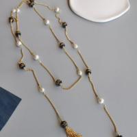 Natural Freshwater Pearl Long Necklace, with Lapis Lazuli & Brass, fashion jewelry & for woman Approx 81 cm 